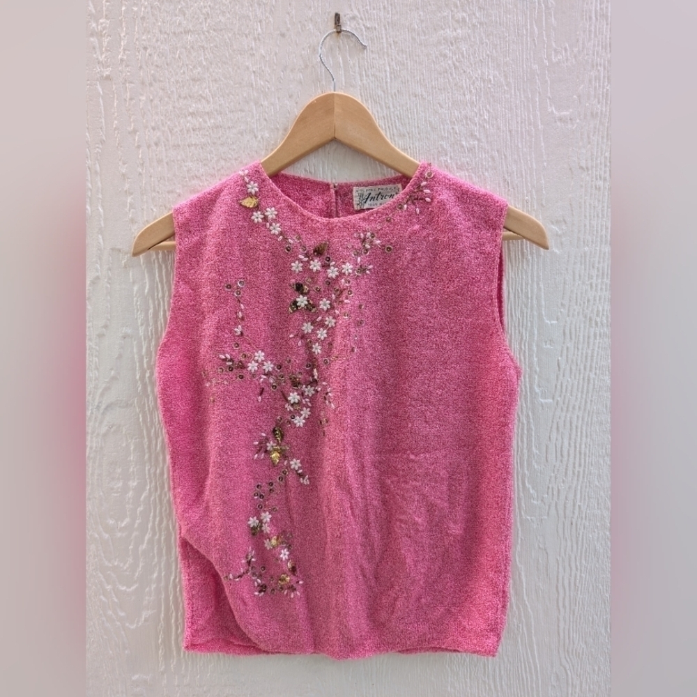 Vintage Antron DuPont Nylon Pink Beaded Sleeveless Tank Top Size Small/Medium